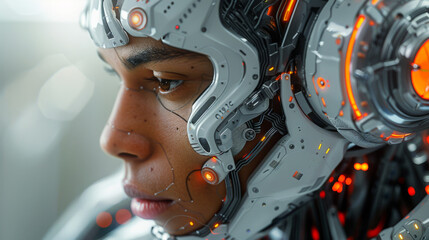 Stylish handsome cyborg head in profile / Futuristic man