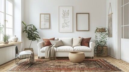 A living room with a white couch, a rug, and a potted plant. The room has a modern and minimalist design
