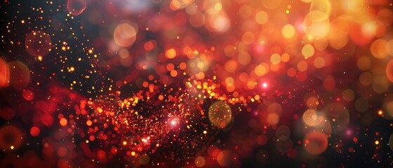 3d render of abstract golden red composition with depth of field and glowing particles in dark with bokeh effects. Science fiction microcosm or macro world or abstract Christmas garlands in the air - obrazy, fototapety, plakaty