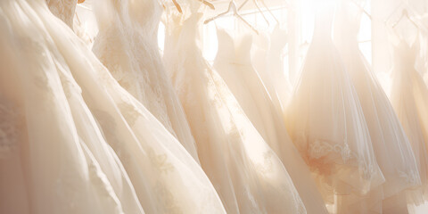 Lush white wedding dresses hang in a row on a hanger wedding fashion bridal style on a sunlight background - obrazy, fototapety, plakaty