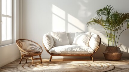 A white couch and a wicker chair sit in a room with a large window. The room is bright and airy, with a potted plant adding a touch of greenery. The overall mood of the room is calm and inviting