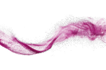 Pink rose gold glitter dust swirl in wavy form isolated on background, glowing pink shiny light that splash and flowing, festive element for celebration.