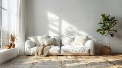 A white couch is in a room with a window and a plant. The room is clean and bright, giving off a feeling of calm and relaxation