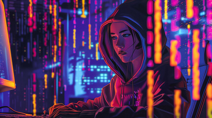 Cybersecurity Warrior, Young Individual, Hoodie, Computer, Code Lines, Vigilance, Protection