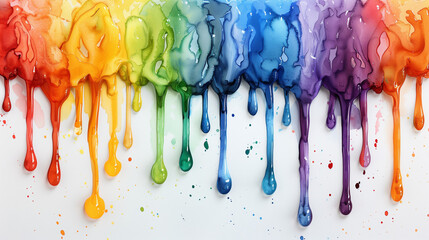 acquarello gocciolante, gocce di colore, arcobaleno, liquido, acqua, spruzzo, sfondo bianco - obrazy, fototapety, plakaty