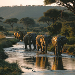 elephants in the river - obrazy, fototapety, plakaty