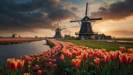 Dutch windmill stands tall amidst a vibrant sea of yellow tulips in Holland. The scene is reminiscent of a bygone era, with a retro tone adding to its nostalgic charm.