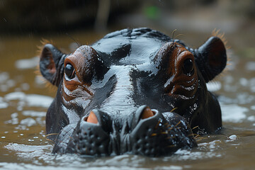 hippopotamus swimming in water - obrazy, fototapety, plakaty