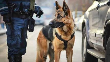 Fotobehang A police German shepherd helps to search a detainee's car, looking for a prohibited substance  © Юлия Серая
