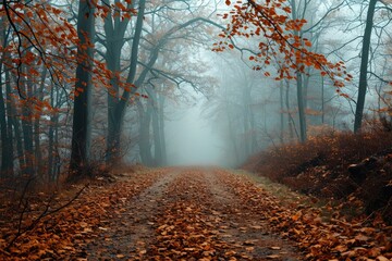 A foggy forest path strewn with autumn leaves, Autumn Park with trees in a misty haze and a path strewn with fallen leaves., Ai generated - obrazy, fototapety, plakaty