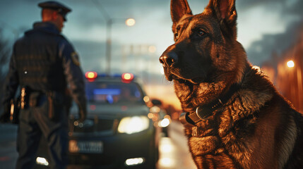 A police German shepherd helps to search a detainee's car, looking for a prohibited substance - obrazy, fototapety, plakaty