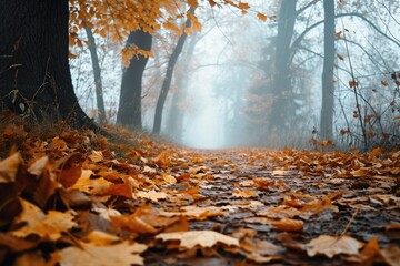 A foggy forest path strewn with autumn leaves, Autumn Park with trees in a misty haze and a path strewn with fallen leaves., Ai generated