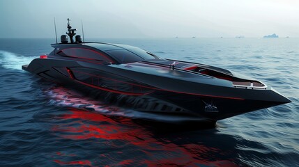 10-crew, ocean-going, high-speed boat with a diving deck at the back and painted matte black with red accents. - obrazy, fototapety, plakaty