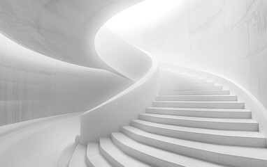 A white staircase with a spiral design. The staircase is empty and the only light source is coming...