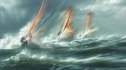 Windsurfing on beautiful ocean water and strong winds - obrazy, fototapety, plakaty