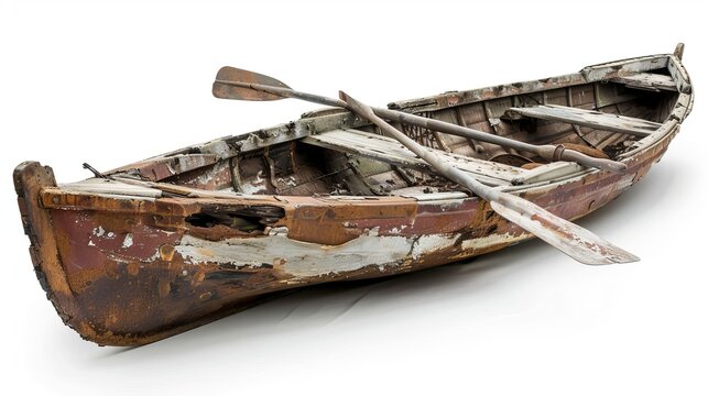 Photo of a wrecked boat on a white background. a boat with oars
