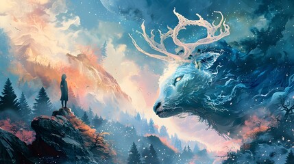 Ethereal Painting of Man and Deer on Mountain, To provide a beautiful and captivating piece of art featuring a man and a deer on a mountain, in the - obrazy, fototapety, plakaty