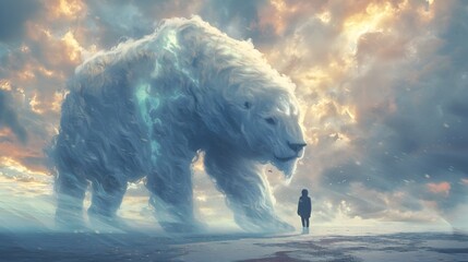 Giant Polar Bear in Digital Fantasy Landscape, To showcase the majesty and power of nature through a fantastical lens, evoking a sense of wonder and