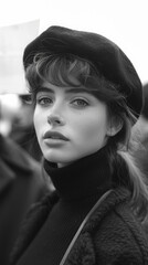 A Woman in a Beret Looks Away Thoughtfully, Beatnik Daydream, Monochrome Tone