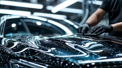 Close-up of a car wrap installer in black silicone gloves placing clear film with a squeegee on the hood of a luxury car - obrazy, fototapety, plakaty