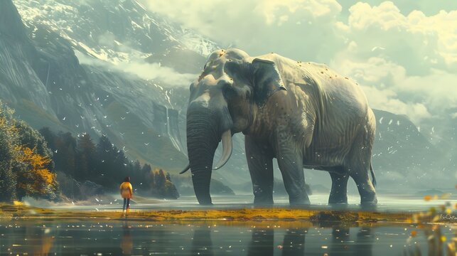 Elephant Standing at the Edge of a River in a Sci-Fi Landscape, To convey a sense of nature and technology coexisting in a surreal, futuristic world