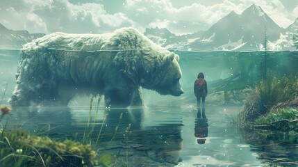 Person Standing Next to Large Bear Near Water in Spatial Concept Art, To convey a sense of adventure and exploration in the great outdoors, while - obrazy, fototapety, plakaty