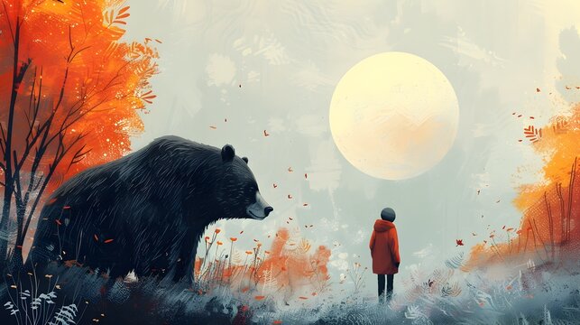 Woman in Red and Black Bear Observing the Forest in a Surreal Moonlit Landscape, To evoke a sense of wonder and mystery in a fairy tale setting, with