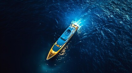Aerial photo of a large luxury yacht isolated in the middle of a deep blue ocean. - obrazy, fototapety, plakaty