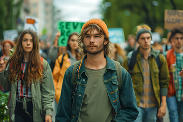 A group of green activists walking down the street holding signs to save planet earth.