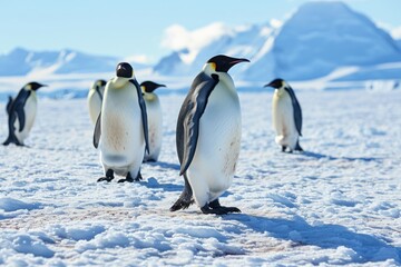 A group of Emperor Penguins in the snow-filled expanse of Antarctica, Penguins walking in the snow A group of king penguins, AI generated