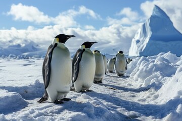 Obraz premium A group of Emperor Penguins in the snow-filled expanse of Antarctica, Penguins walking in the snow A group of king penguins, AI generated