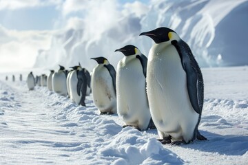 Obraz premium A group of Emperor Penguins in the snow-filled expanse of Antarctica, Penguins walking in the snow A group of king penguins, AI generated