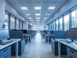 Empty modern workspace with computers arranged on table.