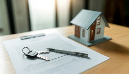 Miniature house on a document, with keys and pen suggesting a real estate transaction.
