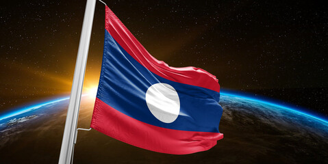 Laos national flag cloth fabric waving on beautiful global Background.
