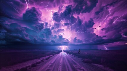 Purple lightning across the sky, huge storms, a cinematic poster. A dirt road, no one, the sky is in purple tones - obrazy, fototapety, plakaty