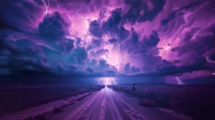 Tuinposter Purple lightning across the sky, huge storms, a cinematic poster. A dirt road, no one, the sky is in purple tones © Zahid