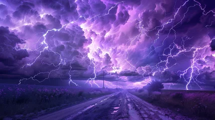 Zelfklevend Fotobehang Purple lightning across the sky, huge storms, a cinematic poster. A dirt road, no one, the sky is in purple tones © Zahid