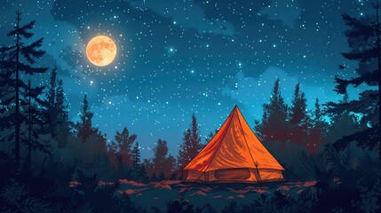 Picturesque Camping Tent Under Starry Sky in Serene Wilderness Landscape
