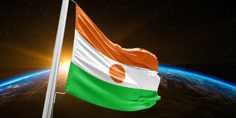 Niger national flag cloth fabric waving on beautiful global Background.