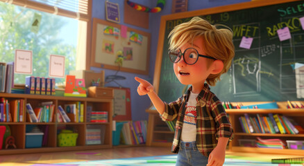 A young girl with glasses, wearing an unbuttoned plaid shirt and jeans stands in front of the blackboard pointing at something on it. The background is a colorful classroom filled with books and toys