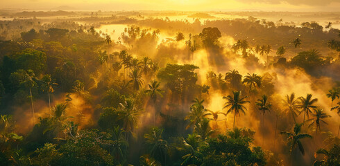 A breathtaking aerial view of the Amazon rainforest at sunrise, with mist rising from its canopy and golden sunlight filtering through the trees.