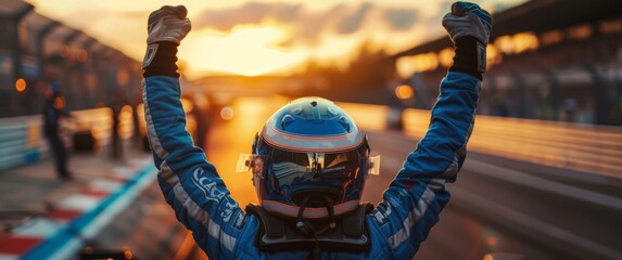 A man in a racing suit is celebrating his victory on a racetrack. Concept of excitement and...
