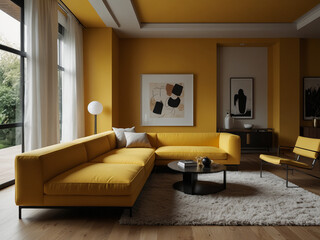 Sunny Serenity, Modern Yellow Living Room with Minimalist Sofa