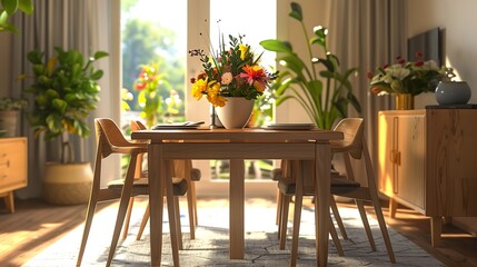 An inviting dining room with a polished wooden table and chairs, complemented by a lush green potted plant and a bouquet of colorful flowers
