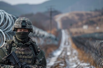 A soldier stands in front of a barbed wire fence. The soldier is wearing a helmet and a camouflage jacket. Scene is tense and serious, as the soldier is in a military setting