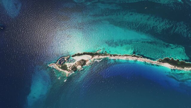 Top aerial view of Blue Lagoon Island in the Caribbean. The Bahamas