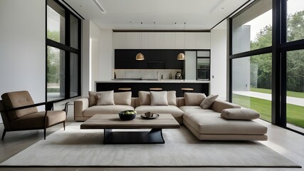 modern living room with fireplace Clean lines, sleek furnishings, and a neutral colour scheme characterise this modern minimalist home interior design, which has an open concept living area that is co - obrazy, fototapety, plakaty