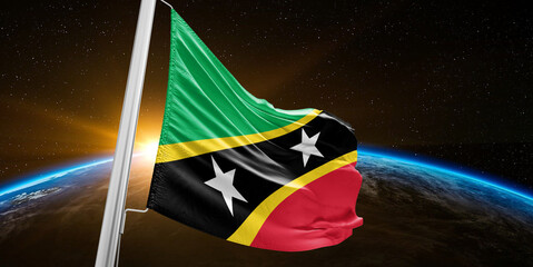 Saint Kitts and Nevis national flag cloth fabric waving on beautiful global Background.