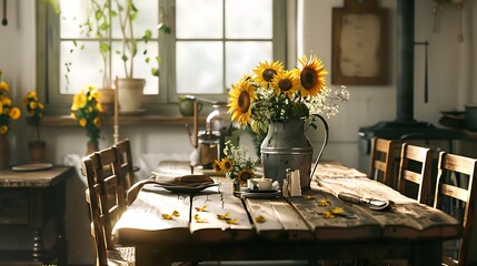 An inviting dining room featuring a rustic wooden table surrounded by woven chairs, adorned with a centerpiece of sunflowers and daisies in a vintage metal pitcher, exuding warmth and charm